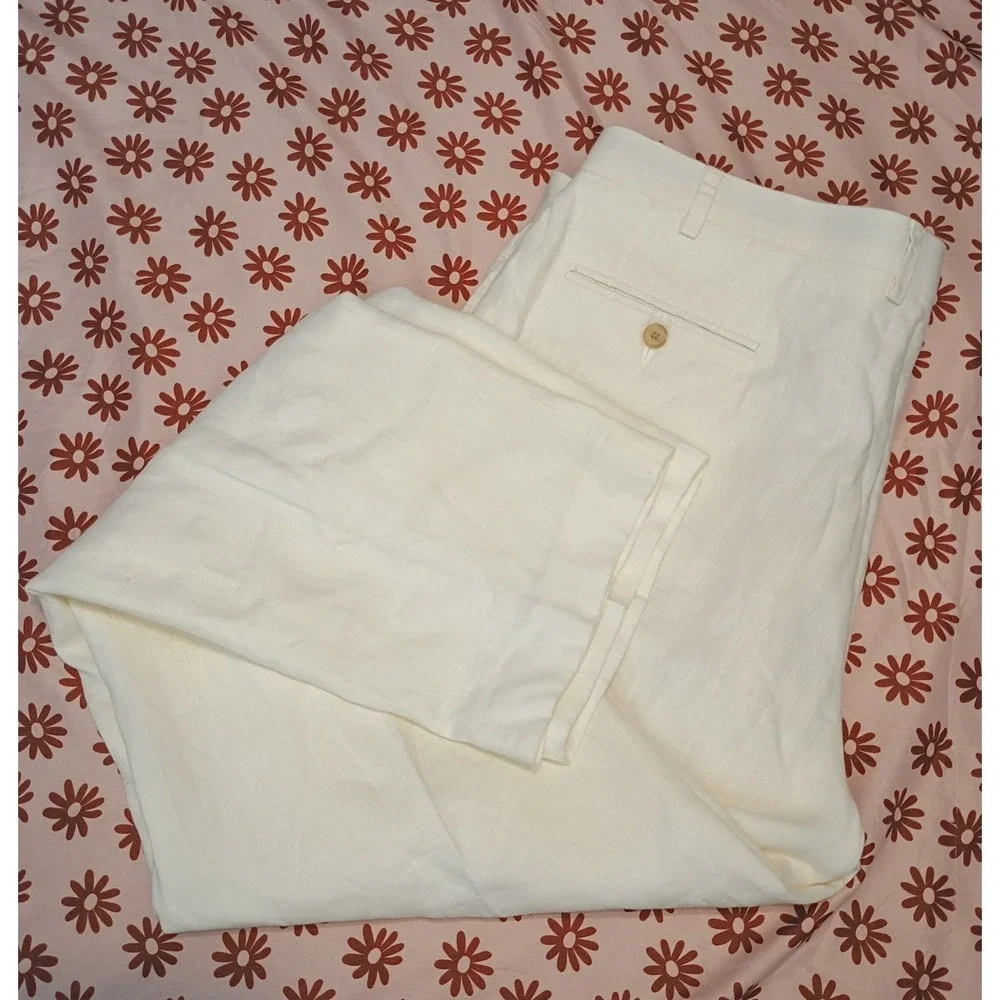 Lauren Ralph Lauren 40x32 Cream White Linen Flat Front Relaxed Lined Trouser